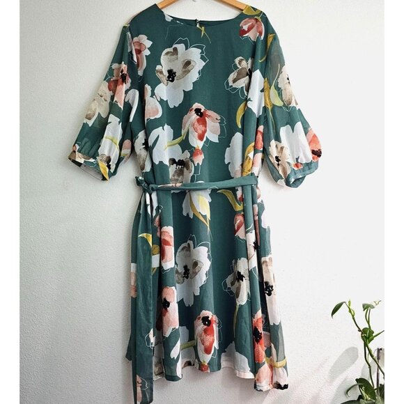 Ava & Viv Dresses & Skirts - Ava & Viv Floral Print Dress 3X Green Pink White Belted Sheer Lined 3/4 Sleeve